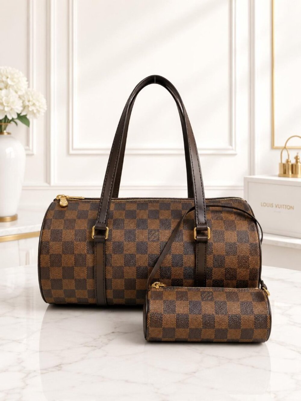 Authentic Louis Vuitton Papillon 30 Damier Ebene Handbag w/ Mini Pouch Vintage